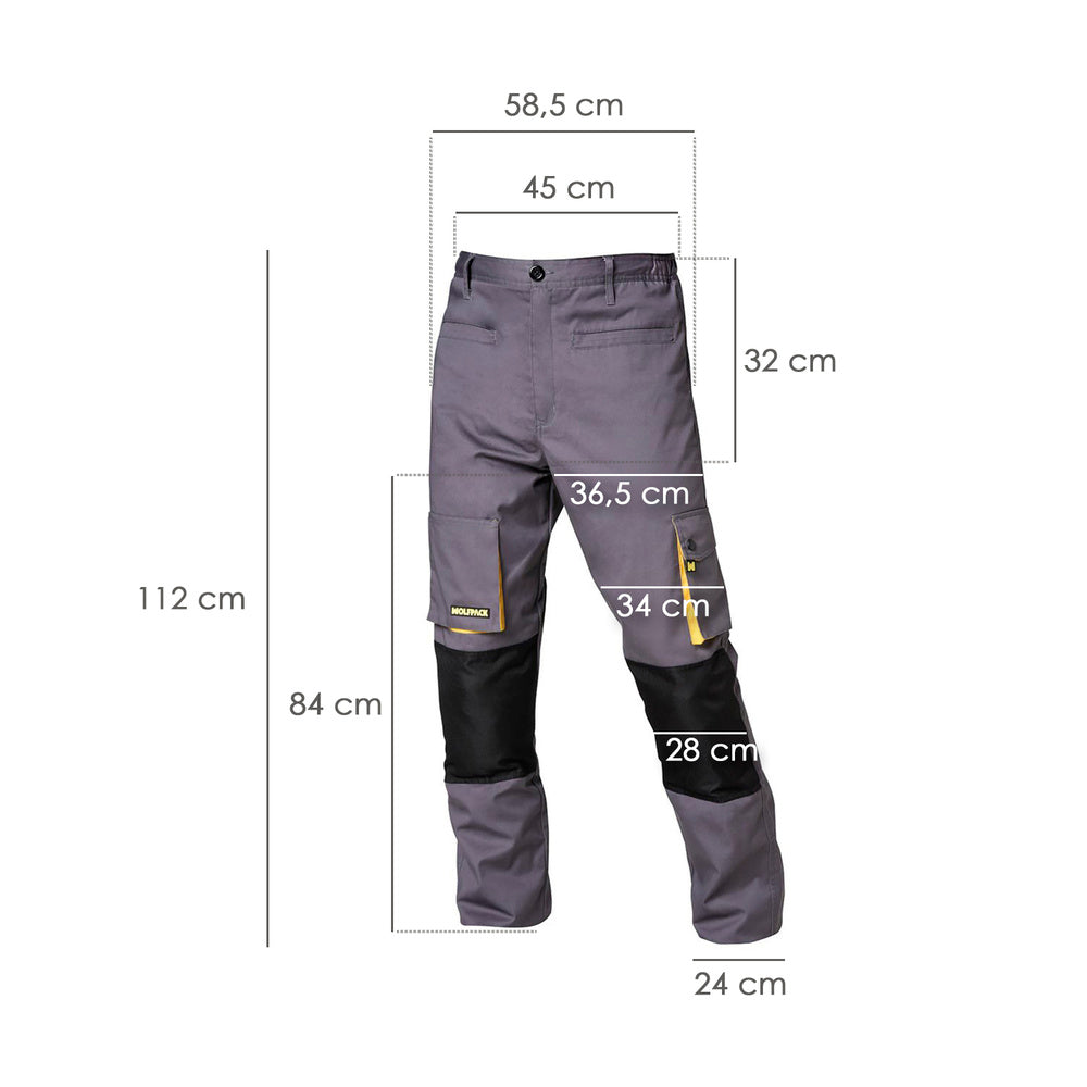 Pantalones Largos DeTrabajo, Multibolsillos, Resistentes, Rodilla Reforzada, Gris/Amarillo Talla 50/52 XL (Slim Fit)