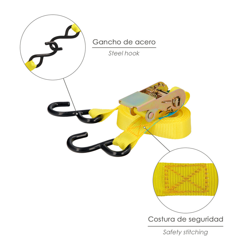 Cinta De Amarre Con Ratchet 4,5 metros x 25 mm. Trinquete Metalico Automatico, Cincha, Eslinga Mercancia, Correa Sujeción (2uds)