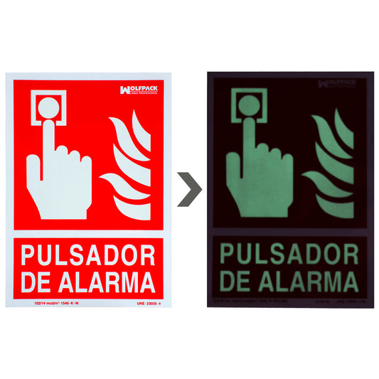 Cartel / Señal Fluorescente Pulsador Alarma 21x 30 (Alt.) cm.