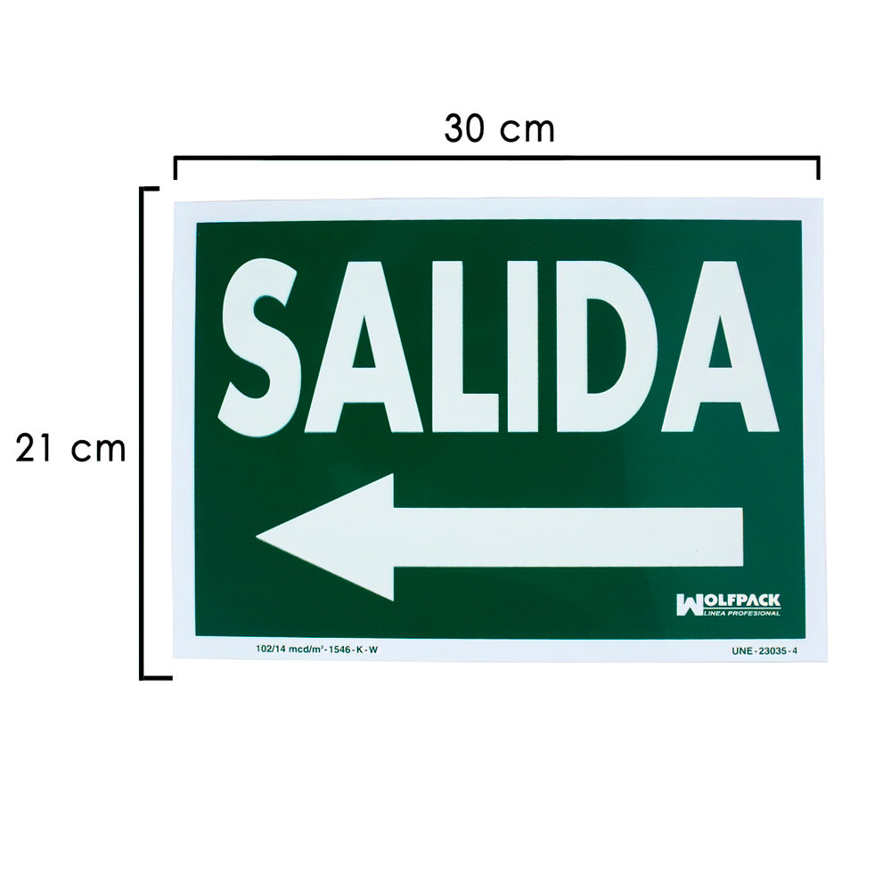 Cartel / Señal Fluorescente Salida A Izquierda 30 x 21 (Alt.) cm.