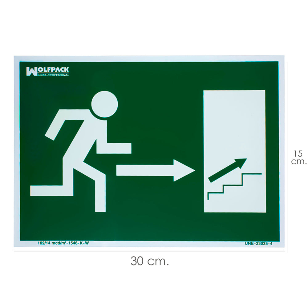 Cartel / Señal Fluorescente Salida Escalera Derecha Arriba 30 x 21 (Alt.) cm.