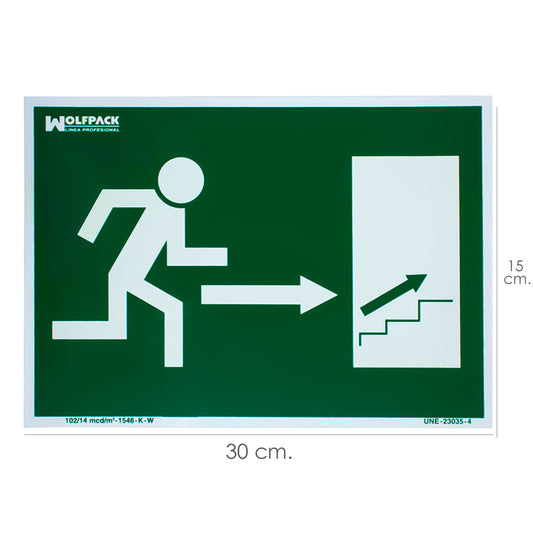 Cartel / Señal Fluorescente Salida Escalera Derecha Arriba 30 x 21 (Alt.) cm.