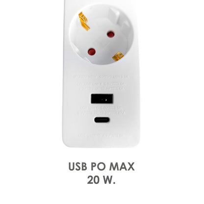 Base Multiple 3 Tomas Schucko y 2 tomas USB (A / C) Con Interruptor y Toma de Tierra