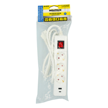 Base Multiple 3 Tomas Schucko y 2 tomas USB (A / C) Con Interruptor y Toma de Tierra