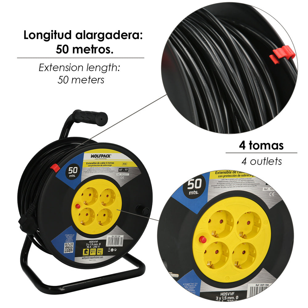 Extensible Industrial 4 Tomas 50 Metros 3 x 1,5 mm. con Protección Sobrecarga