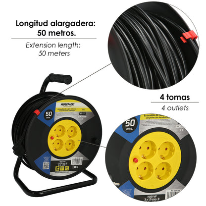 Extensible Industrial 4 Tomas 50 Metros 3 x 1,5 mm. con Protección Sobrecarga