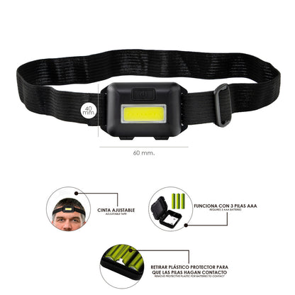 Linterna Led Frontal Cabeza Ajustable 120 Lumenes, 3 Modos, Cinta Ajustable, 3 Baterias AAA Incluidas