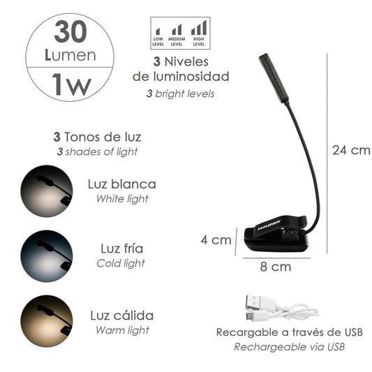 Linterna LED De Mesa / Lectura  Bateria Recargable (1.000 mAh) 30 Lumenes Con Clip, 3 Tonos De Luz y 3 Niveles De Luminosidad