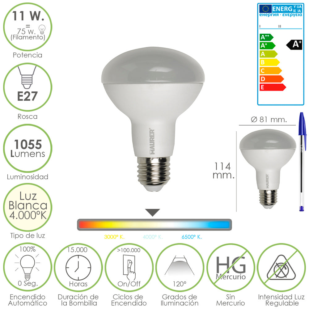 Bombilla Led Standar Rosca E27 (Gorda) 11 Watt. Equivale a 75 Watt. 1055 Lumenes. Luz Blanca (4.000º K) A+