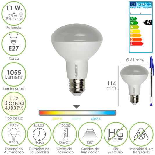 Bombilla Led Standar Rosca E27 (Gorda) 11 Watt. Equivale a 75 Watt. 1055 Lumenes. Luz Blanca (4.000º K) A+