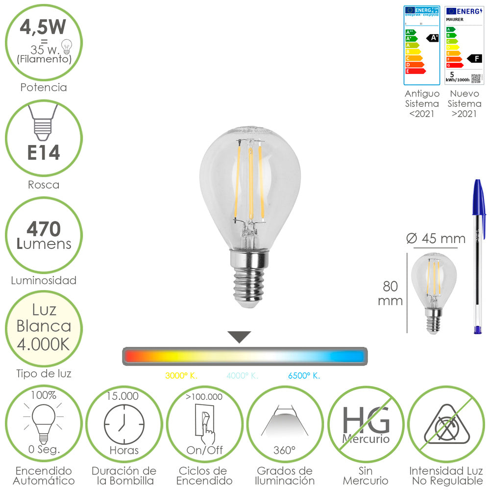 Bombilla Led Filamento Esfera Rosca E14. 4,5 Watt. Equivale A 35 Watt. 470 Lumenes. Luz Neutra 4000º K.