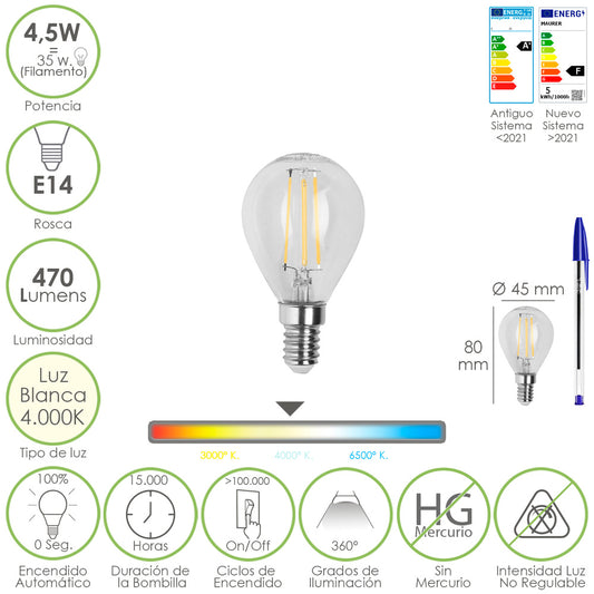 Bombilla Led Filamento Esfera Rosca E14. 4,5 Watt. Equivale A 35 Watt. 470 Lumenes. Luz Neutra 4000º K.