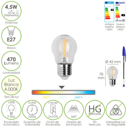 Bombilla Led Filamento Esfera Rosca E27. 4,5 Watt. Equivale A 35 Watt. 470 Lumenes. Luz Neutra 4000º K.