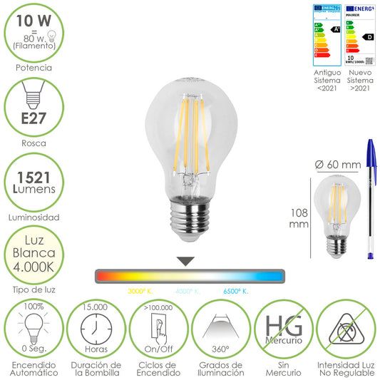 Bombilla Led Filamento Standar Rosca E27. 10 Watt. Equivale A 80 Watt. 1521 Lumenes. Luz Neutra 4000º K.