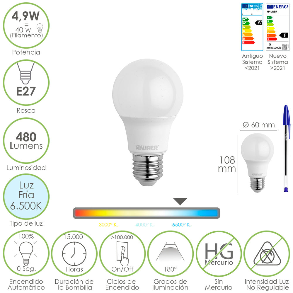 Bombilla Led Estandar Rosca E27. 4.9 Watt. Equivale A 40 Watt. 480 Lumenes. Luz Fria (6500º K.)