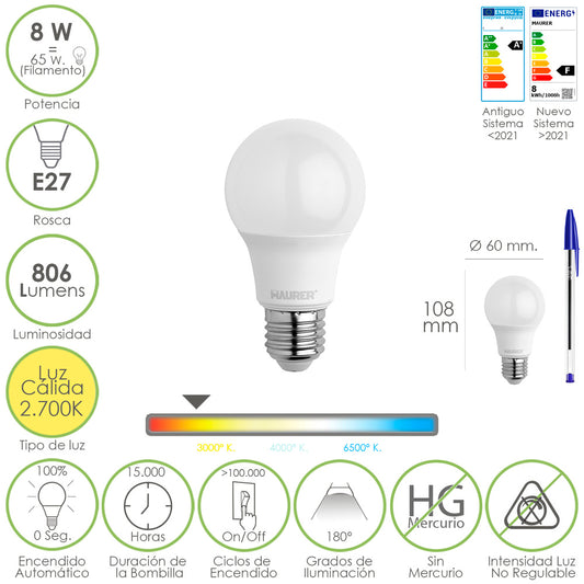 Bombilla Led Estandar Rosca E27. 8 Watt. Equivale A 65 Watt. 806 Lumenes. Luz Calida (2700º K.)
