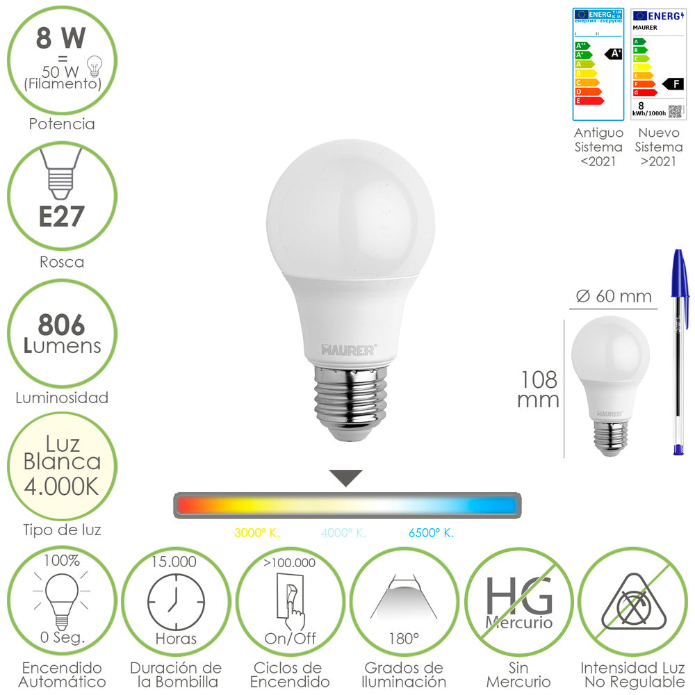 Bombilla Led Estandar Rosca E27. 8 Watt. Equivale A 65 Watt. 806 Lumenes. Luz Neutra (4000º K.)