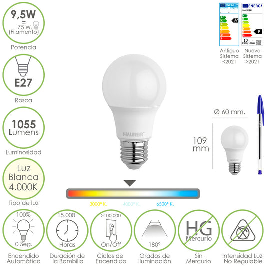Bombilla Led Estandar Rosca E27. 9.5 Watt. Equivale A 75 Watt. 1055 Lumenes. Luz Neutra (4000º K.)