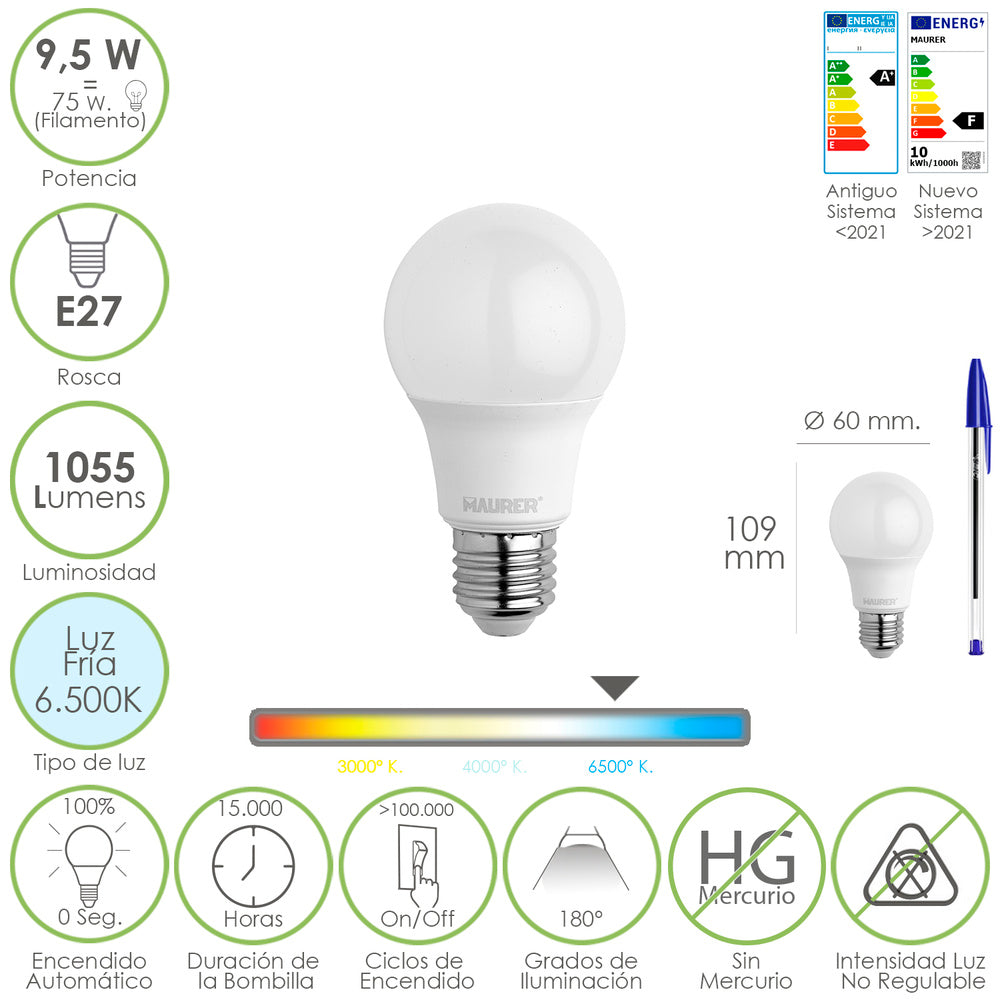 Bombilla Led Estandar Rosca E27. 9.5 Watt. Equivale A 75 Watt. 1055 Lumenes. Luz Fría (6500º K.)