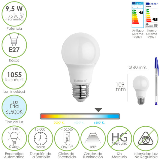 Bombilla Led Estandar Rosca E27. 9.5 Watt. Equivale A 75 Watt. 1055 Lumenes. Luz Fría (6500º K.)