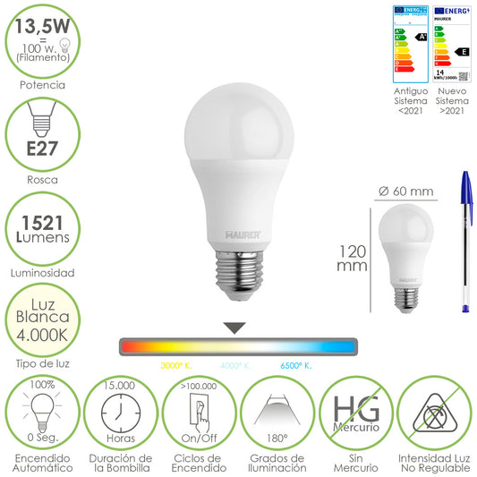 Bombilla Led Estandar Rosca E27. 13,5 Watt. Equivale A 100 Watt. 1521 Lumenes. Luz Neutra (4000º K.)