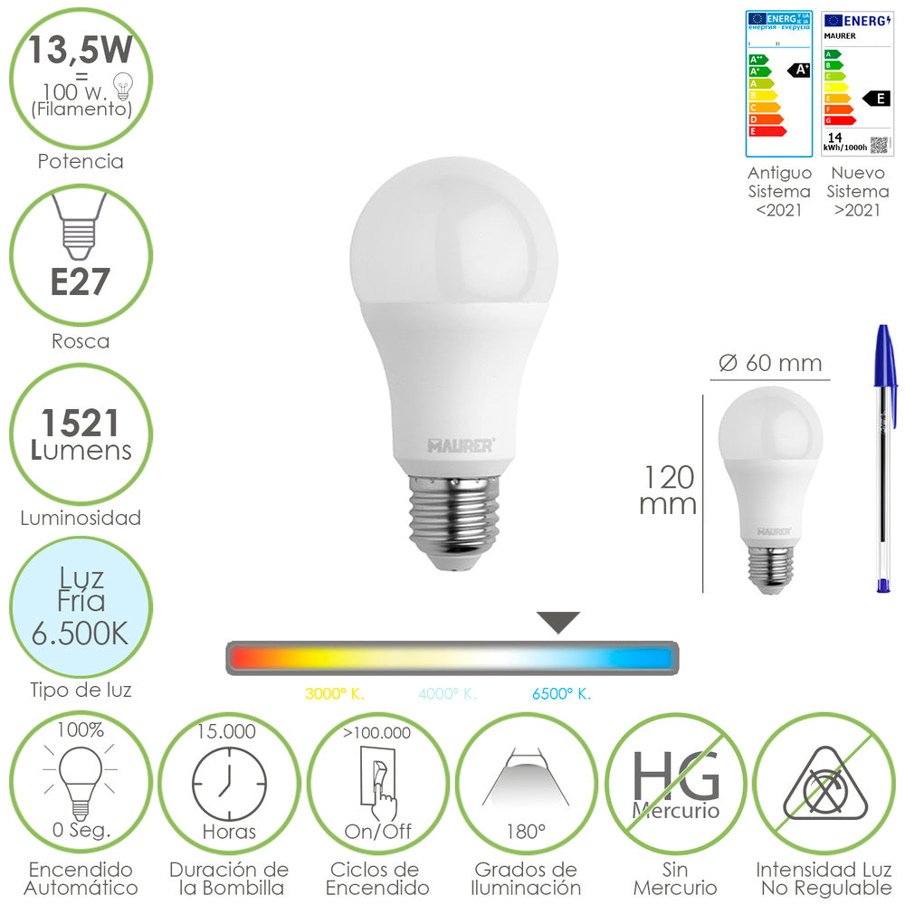 Bombilla Led Estandar Rosca E27. 13,5 Watt. Equivale A 100 Watt. 1521 Lumenes. Luz Fría (6500º K.)