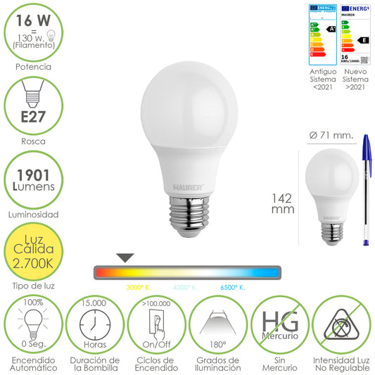 Bombilla Led Estandar Rosca E27. 16 Watt. Equivale A 130 Watt. 1901 Lumenes. Luz Calida 2.700º K.