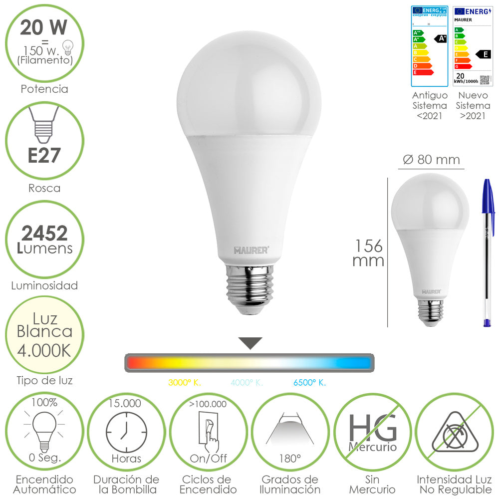 Bombilla Led Estandar Rosca E27. 20  Watt. Equivale A 150 Watt. 2452 Lumenes. Luz Neutra (4000º K.)