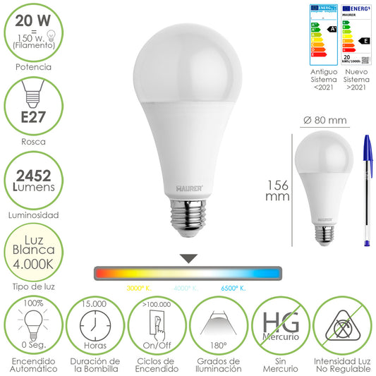 Bombilla Led Estandar Rosca E27. 20  Watt. Equivale A 150 Watt. 2452 Lumenes. Luz Neutra (4000º K.)