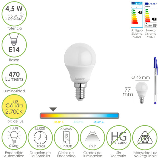 Bombilla Led Esferica Rosca E14 4.5 Watt. Equivale A 35 Watt. 470 Lumenes. Luz Cálida (00º K)