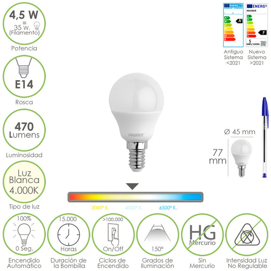 Bombilla Led Esferica Rosca E14 4.5 Watt. Equivale A 35 Watt. 470 Lumenes. Luz Neutra (4000º K)