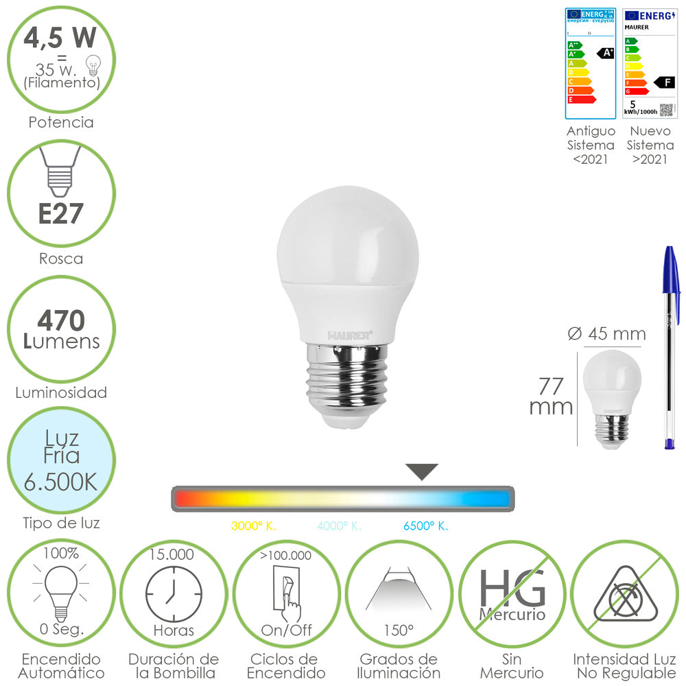 Bombilla Led Esferica Rosca E27 4.5 Watt. Equivale A 55 Watt. 470 Lumenes. Luz Fria (6500º K)