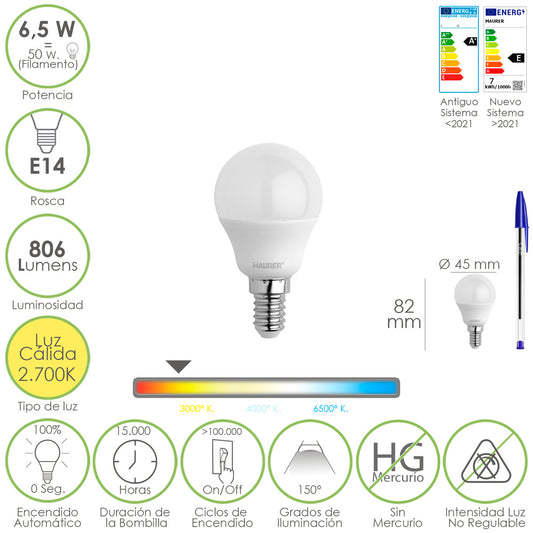 Bombilla Led Esfera Rosca E14. 6.5 Watt. Equivale A 50 Watt. 806 Lumenes. Luz Calida 2700º K.