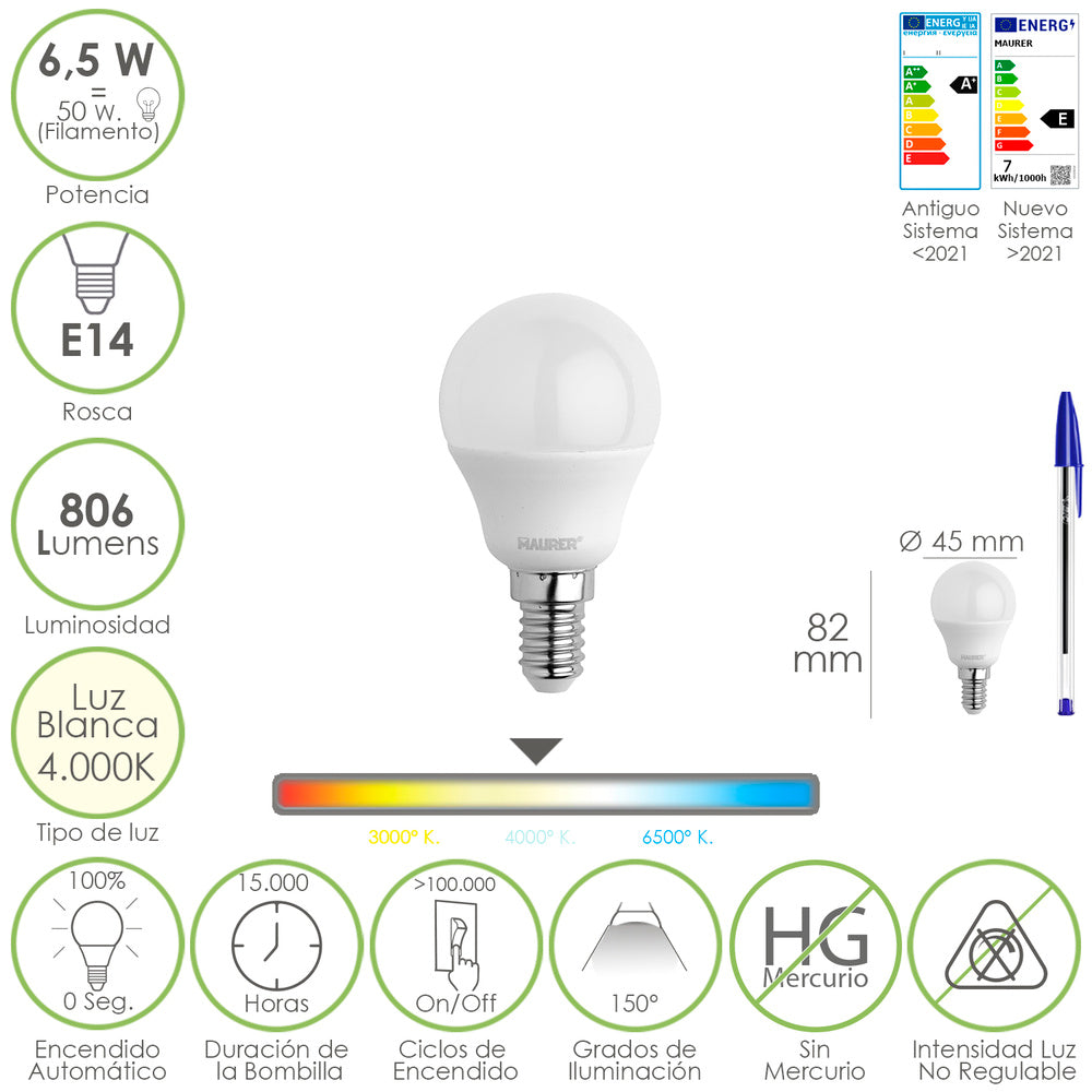 Bombilla Led Esfera Rosca E14. 6.5 Watt. Equivale A 50 Watt. 806 Lumenes. Luz Neutra 4000º K.