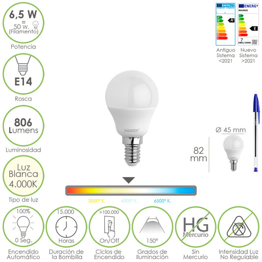 Bombilla Led Esfera Rosca E14. 6.5 Watt. Equivale A 50 Watt. 806 Lumenes. Luz Neutra 4000º K.
