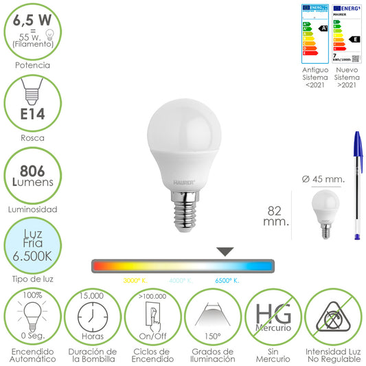 Bombilla Led Esfera Rosca E14. 6.5 Watt. Equivale A 55 Watt. 806 Lumenes. Luz Fría 6500º K.