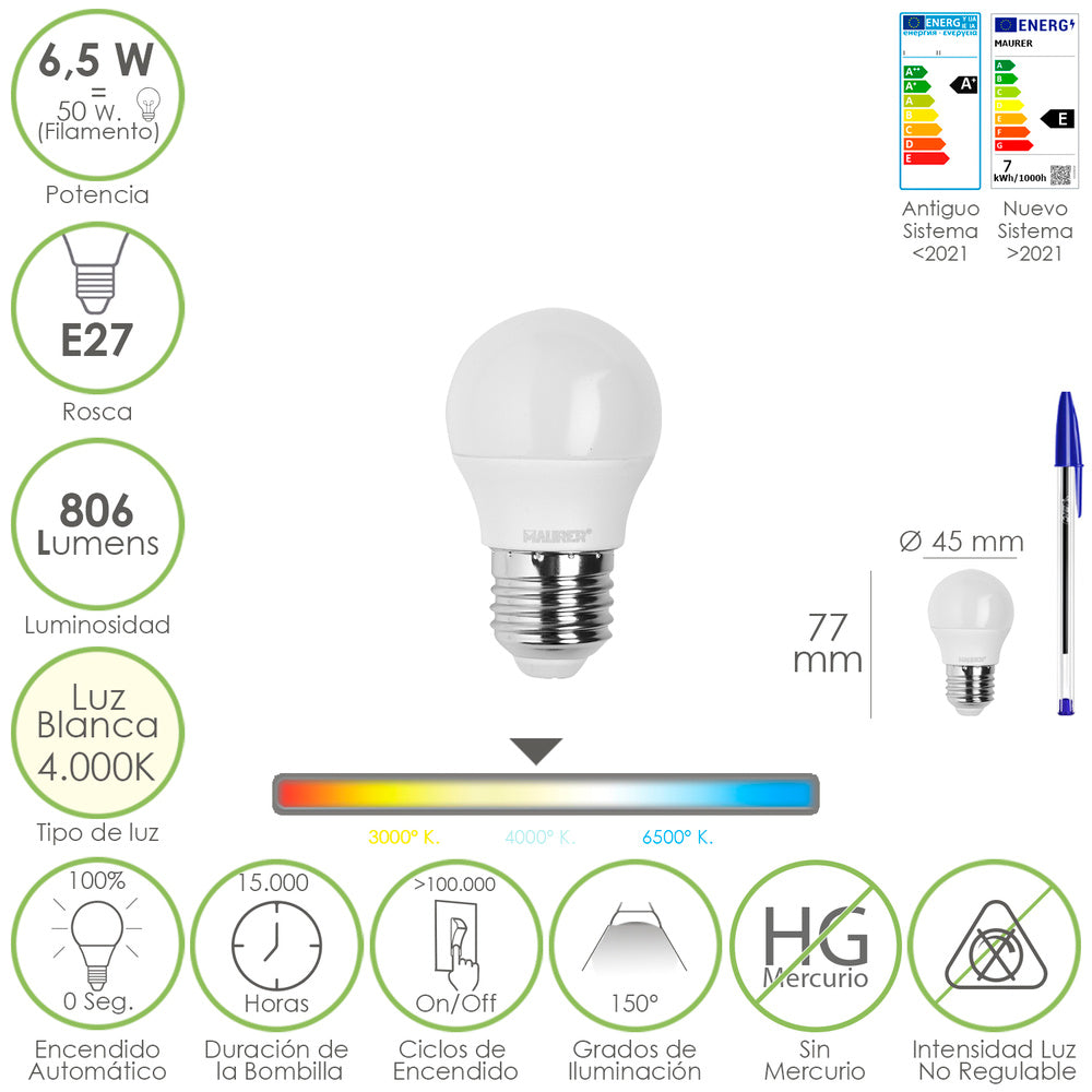 Bombilla Led Esfera Rosca E27. 6.5 Watt. Equivale A 50 Watt. 806 Lumenes. Luz Neutra 4000º K.