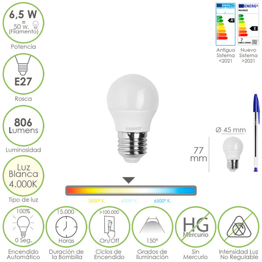 Bombilla Led Esfera Rosca E27. 6.5 Watt. Equivale A 50 Watt. 806 Lumenes. Luz Neutra 4000º K.