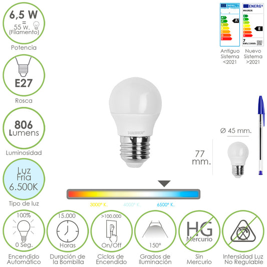 Bombilla Led Esfera Rosca E27. 6.5 Watt. Equivale A 55 Watt. 806 Lumenes. Luz Fría 6500º K.