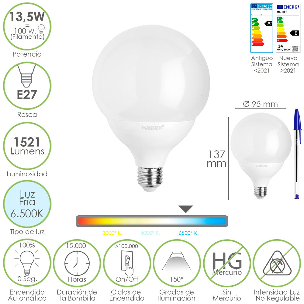 Bombilla Led Esfera Globo E27. 13,5 Watt. Equivale A 100 Watt. 1521 Lumenes. Luz Fria 6500º K.