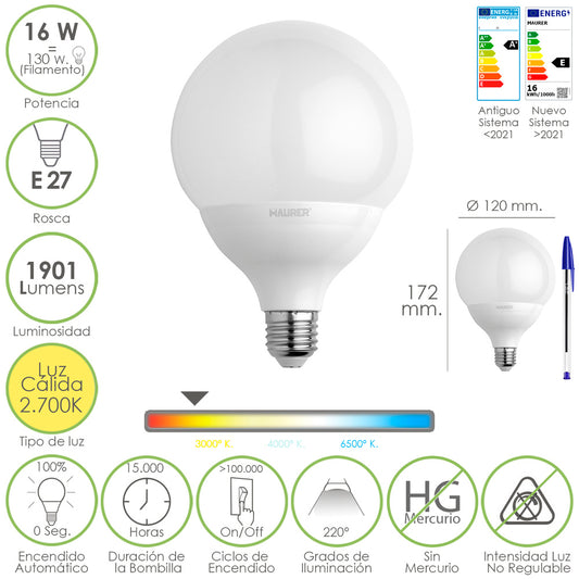 Bombilla Led Globo Rosca E27. 16 Watt. Equivale A 130 Watt. 1901 Lumenes. Luz Cálida (2700º K.)
