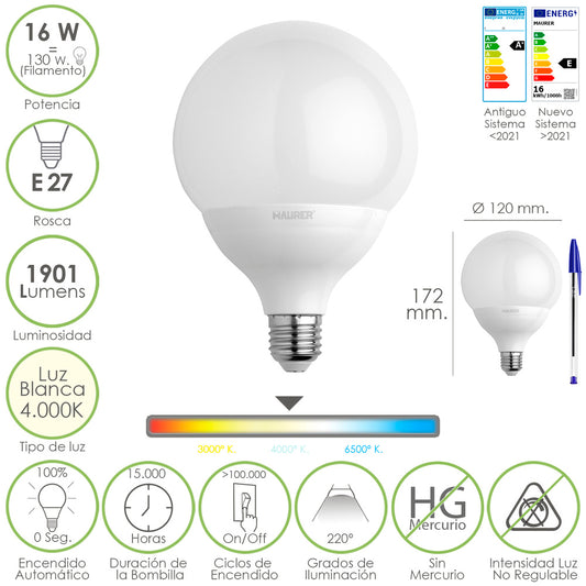 Bombilla Led Globo Rosca E27. 16 Watt. Equivale A 130 Watt. 1901 Lumenes. Luz Blanca (4000º K.)