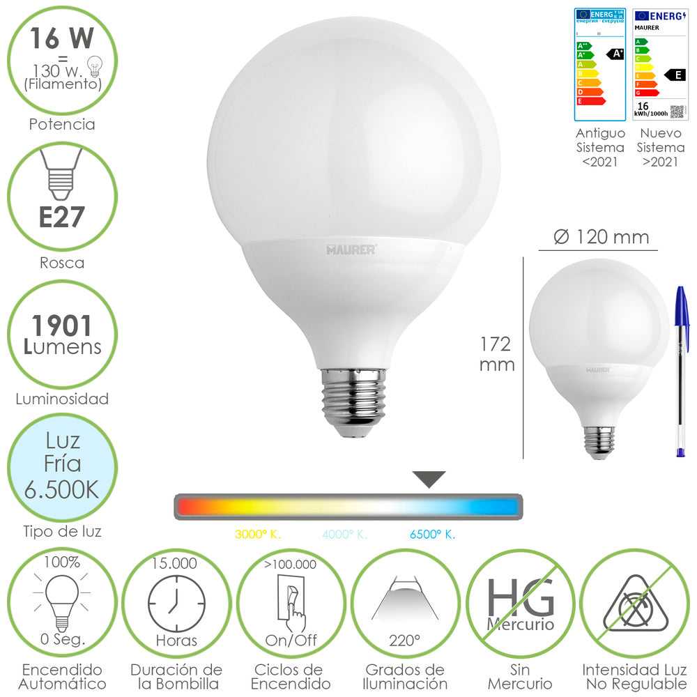Bombilla Led Globo Rosca E27. 16 Watt. Equivale A 130 Watt. 1901 Lumenes. Luz Fria 6500º K.