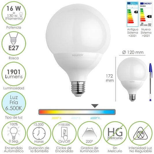 Bombilla Led Globo Rosca E27. 16 Watt. Equivale A 130 Watt. 1901 Lumenes. Luz Fria 6500º K.