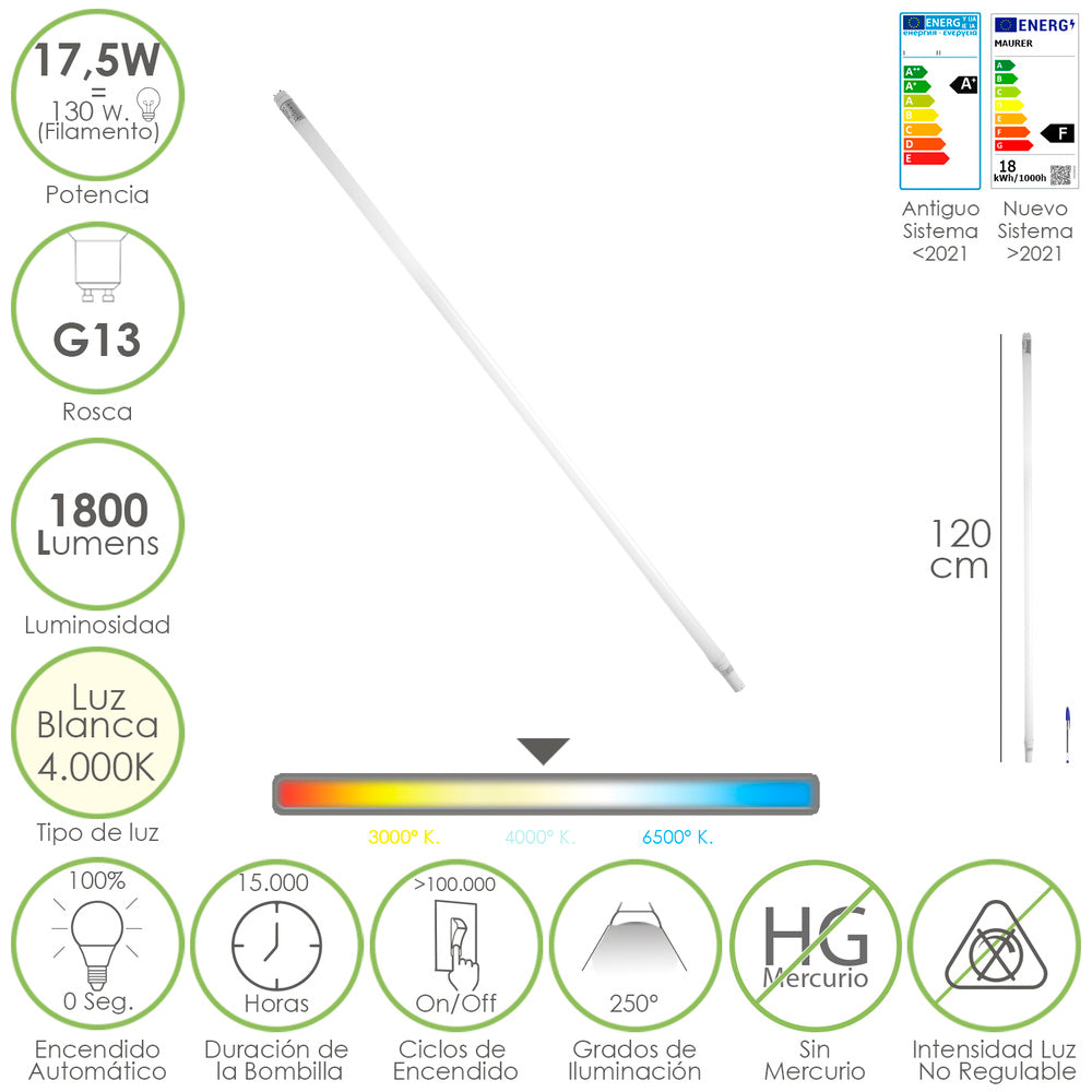 Tubo Led T8 120 cm.17,5 Watt. Equivale A 130 Watt. 1800 Lumenes. Luz Neutra 4000º K.