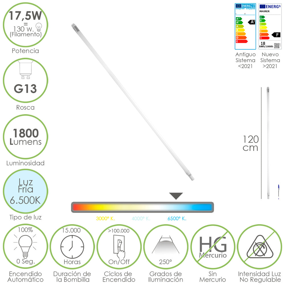 Tubo Led T8 120 cm.17,5 Watt. Equivale A 130 Watt. 1800 Lumenes. Luz Fria 6500º K.
