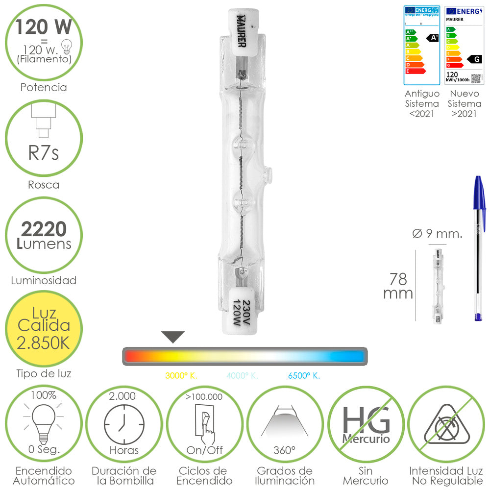 Bombilla Halogena Para Focos Rosca R7S. 120 Watt. 2220 Lumenes. Luz Cálida (2850º K)