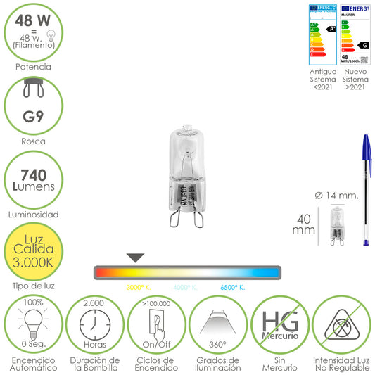 Bombilla Halogena G-9. 48 W. 460 lumenes. Luz cálida (3.000º K)