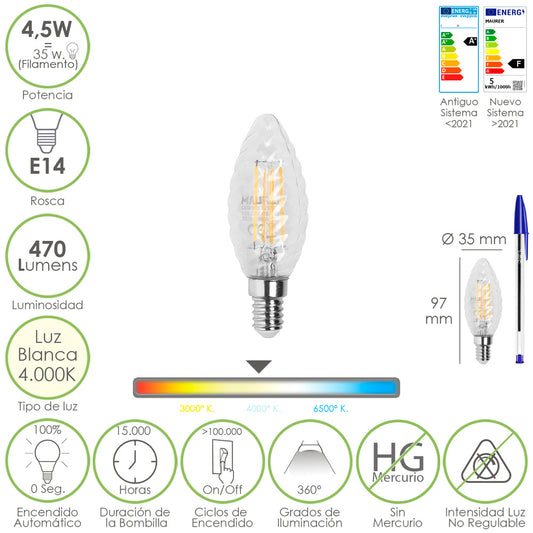 Bombilla Led Filamento Vela Twist. E14. 4,5 Watt. Equivale A 35 Watt. 470 Lumenes. Luz Neutra 4000º K.