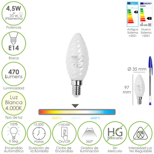 Bombilla Led Filamento Vela Esmerilada E14. 4,5 Watt. Equivale A 35 Watt. 470 Lumenes. Luz Neutra 4000º K.